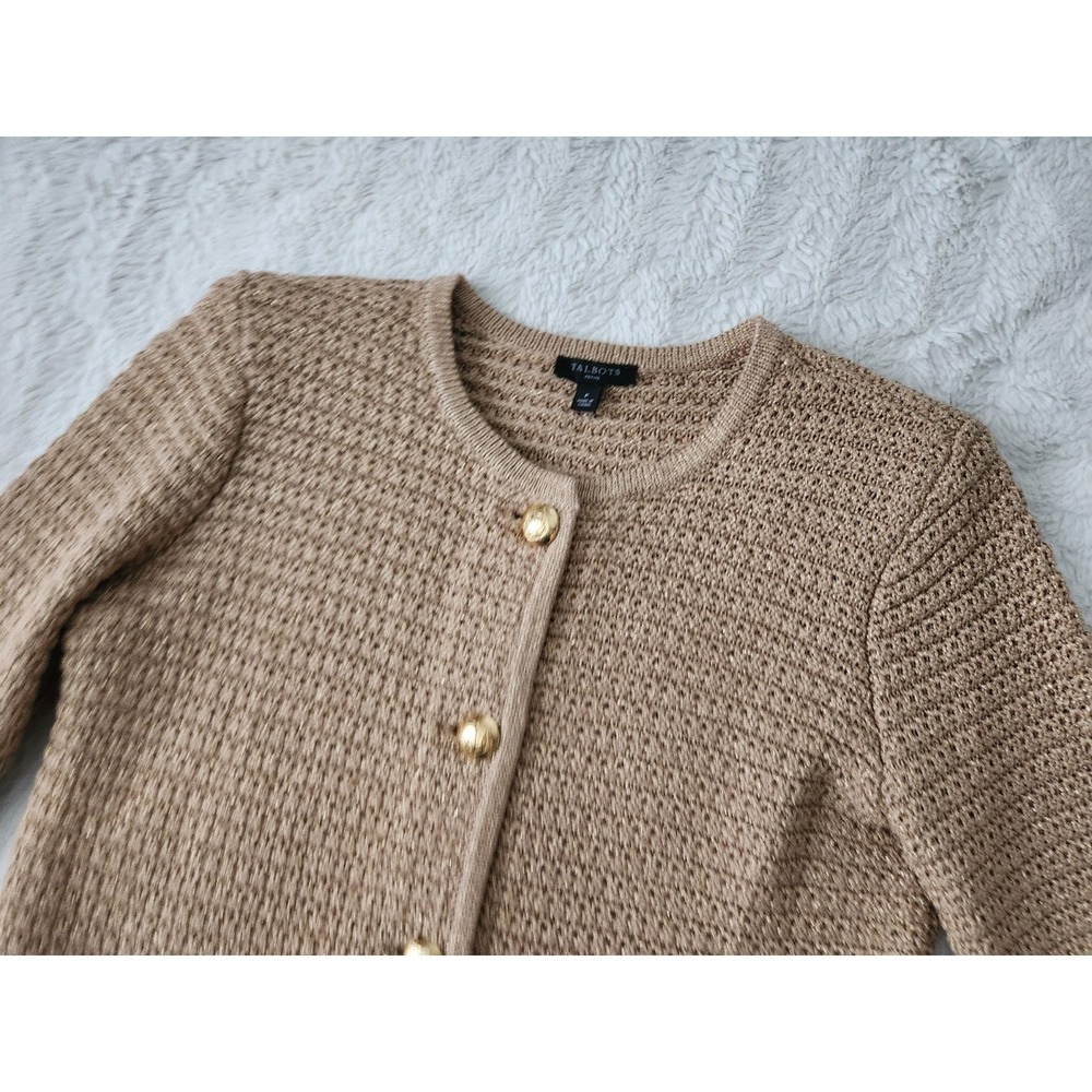 Talbots Petite Gold Metallic Knit Button Cardigan Sweater Jacket Pockets Size P